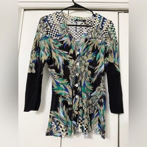 Nic + Zoe Bird Feather and Checkers Colorful Cardigan Size Petite Small